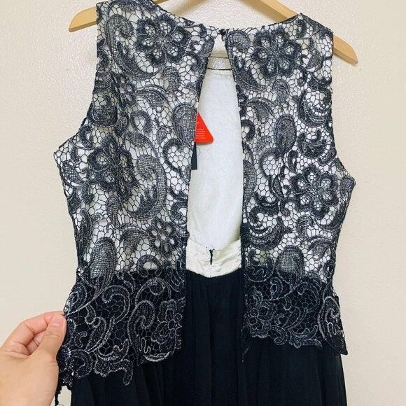 London Times Lace Open Back Tulle Mesh Cocktail Dress Size 14 Black Silver - Picture 5 of 11